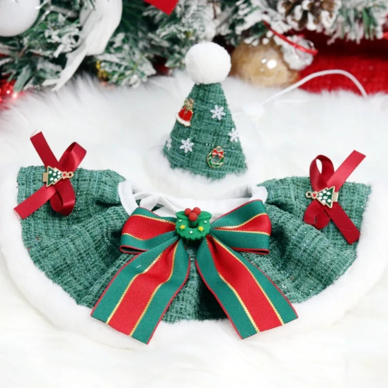 Christmas Pet Collar Scarf & Hat Set – Classic Plush Winter Outfit for Small Dogs & Cats | Finpaws Finland