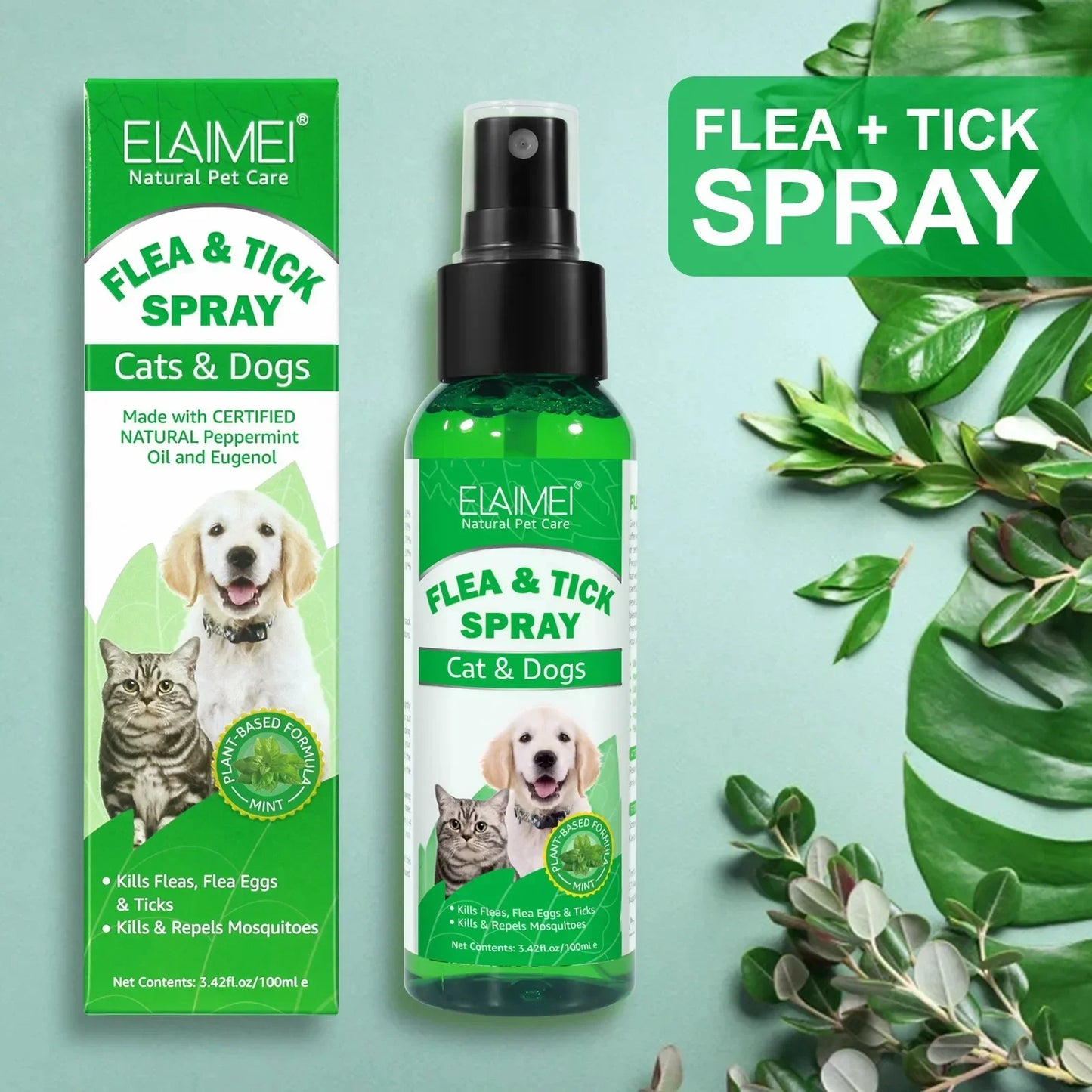 “100ml Natural Pet Care Topical Flea & Tick Spray Remover for Dogs & Cats with Fresh Fragrance (Peppermint Oil & Eugenol)”