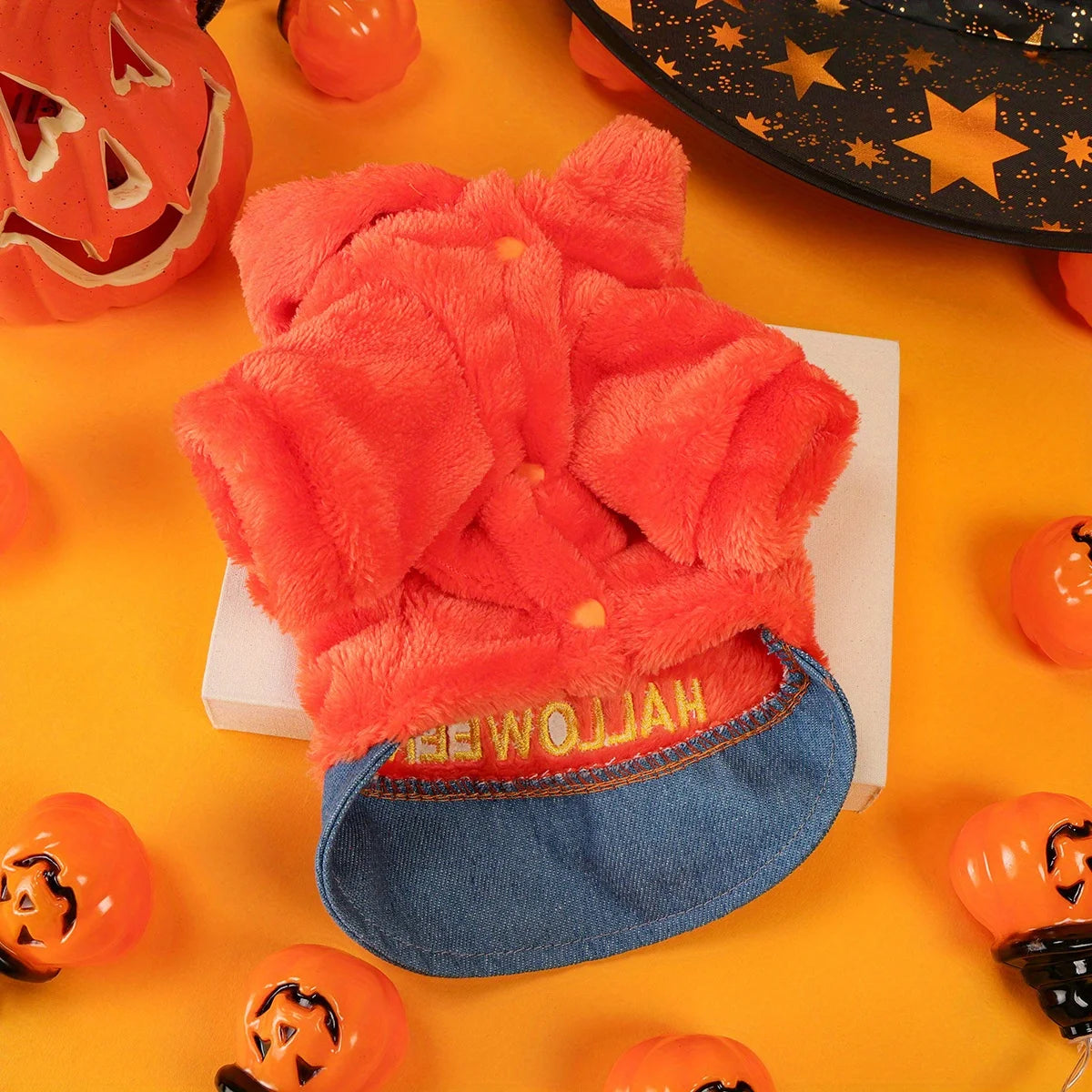 Happy Halloween Pack Orange Pumpkin Pet Clothes Dog Cat Splicing  Fleece Thickened Embroidery Traction Open Button Jacket