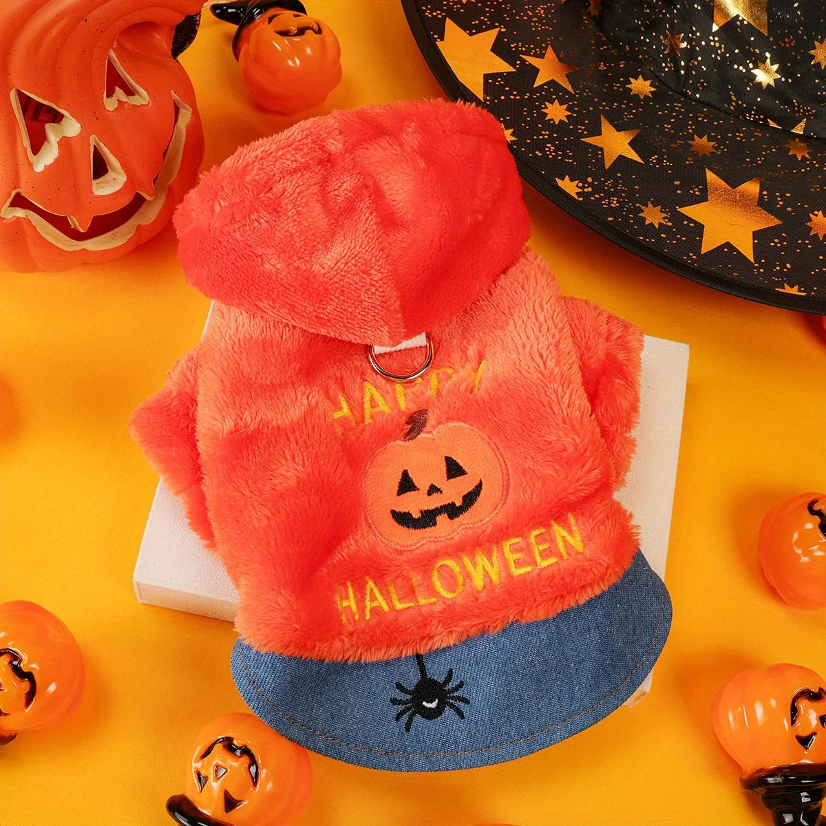 Happy Halloween Pack Orange Pumpkin Pet Clothes Dog Cat Splicing  Fleece Thickened Embroidery Traction Open Button Jacket