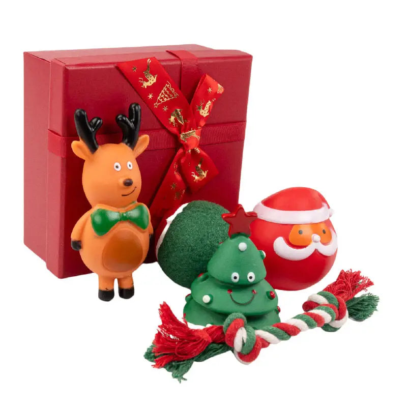 Dog playing with elk and deer plush squeaky toys from Christmas gift box – durable bite-resistant Christmas dog toy set, Finpaws Finland