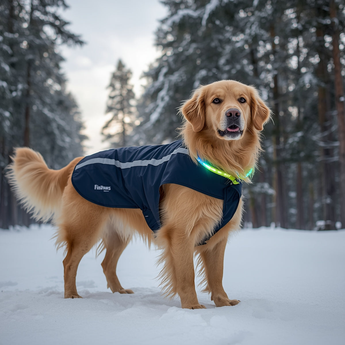 Golden retriever in winter raincoat with LED collar, sitting in snowy field – FinPaws Nordic pet brand.