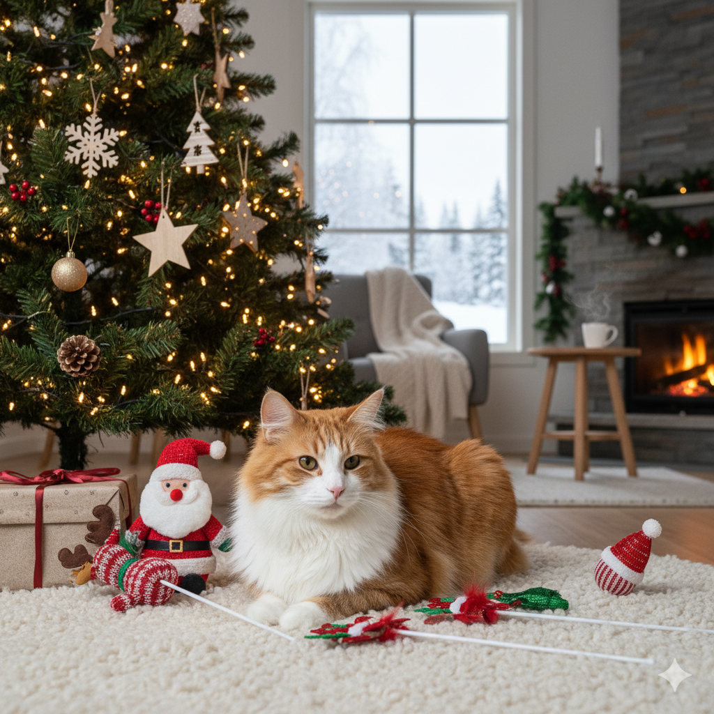 Finnish Christmas cat with Santa and Reindeer toys โ Kissan joululelut ja joululahjat, Christmas cat toys Finland