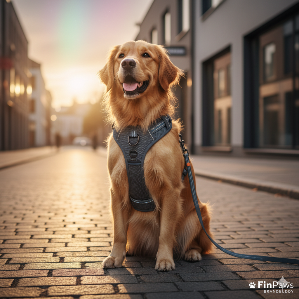 FinPaws BrandBuddy reflective dog accessories set โ koiran tarvikkeet Suomessa, including leash, collar and harness for small and medium dogs.
