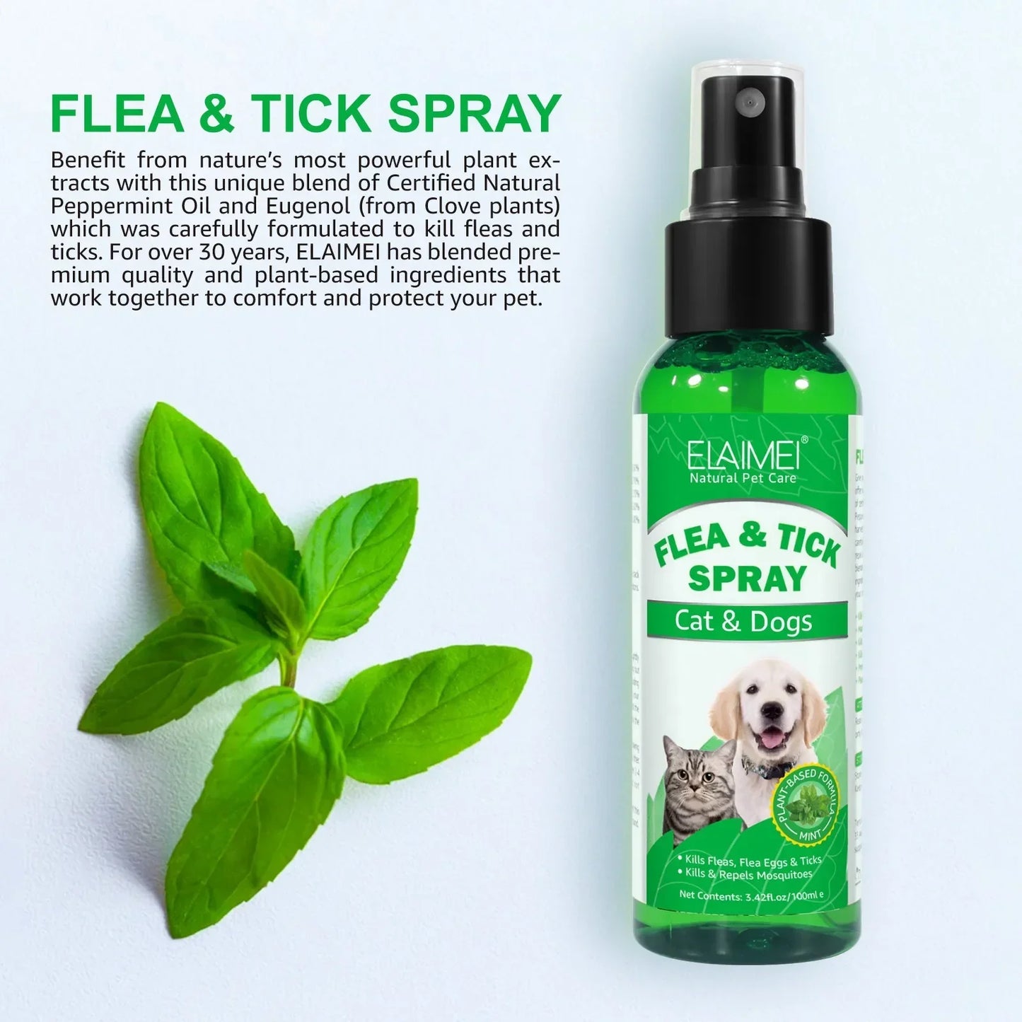 “100ml Natural Pet Care Topical Flea & Tick Spray Remover for Dogs & Cats with Fresh Fragrance (Peppermint Oil & Eugenol)”