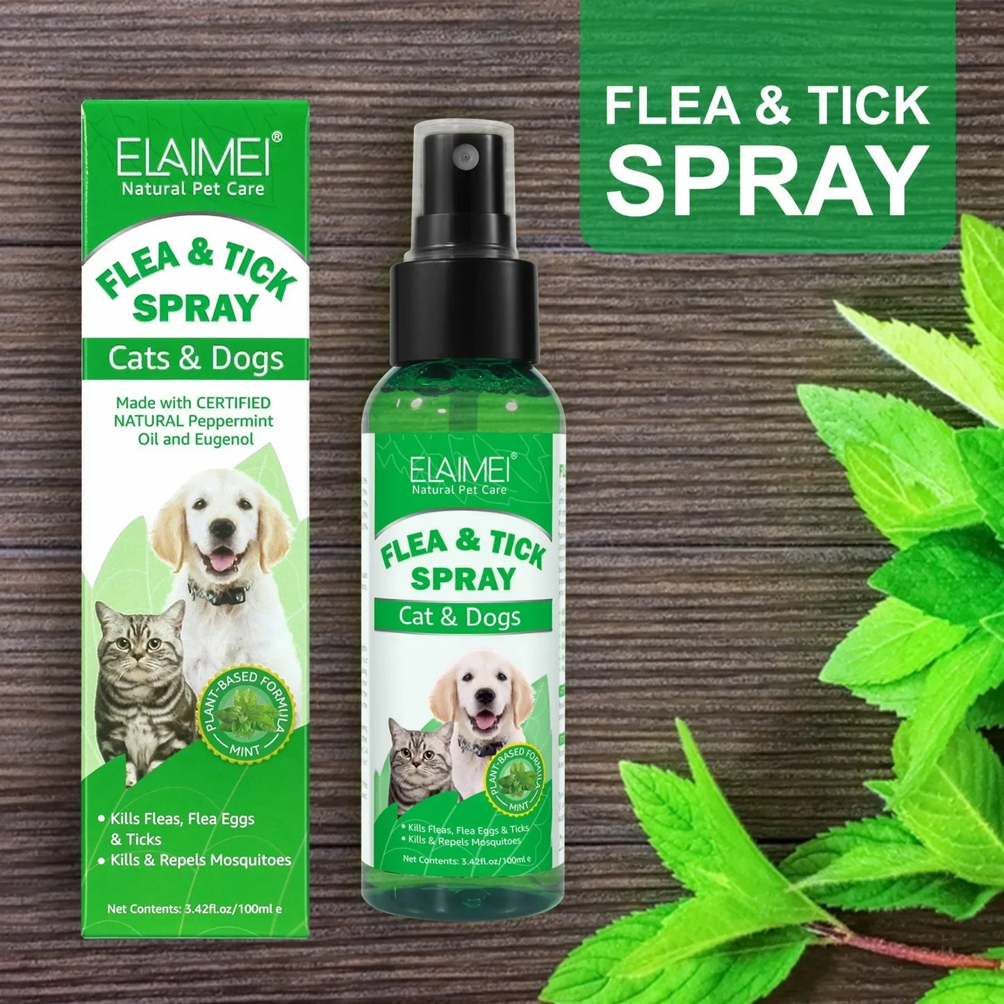 “100ml Natural Pet Care Topical Flea & Tick Spray Remover for Dogs & Cats with Fresh Fragrance (Peppermint Oil & Eugenol)”