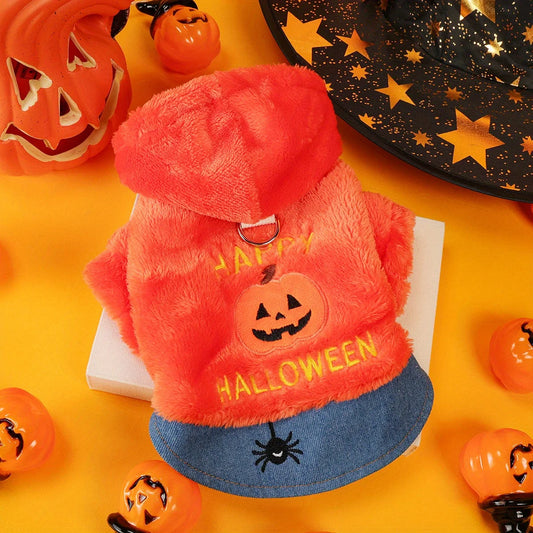Happy Halloween Pack Orange Pumpkin Pet Clothes Dog Cat Splicing  Fleece Thickened Embroidery Traction Open Button Jacket