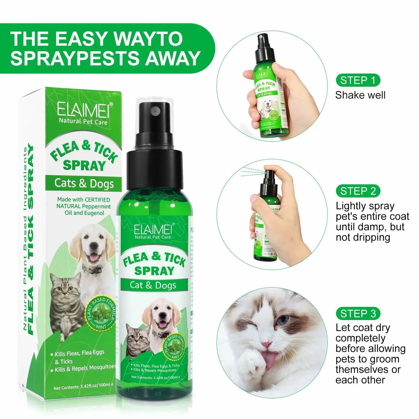 “100ml Natural Pet Care Topical Flea & Tick Spray Remover for Dogs & Cats with Fresh Fragrance (Peppermint Oil & Eugenol)”