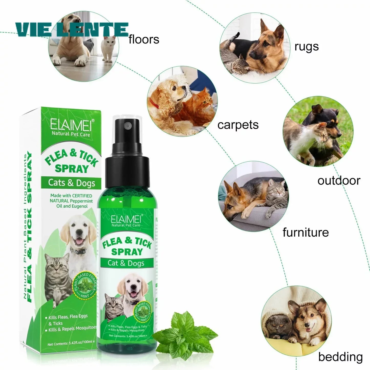 “100ml Natural Pet Care Topical Flea & Tick Spray Remover for Dogs & Cats with Fresh Fragrance (Peppermint Oil & Eugenol)”