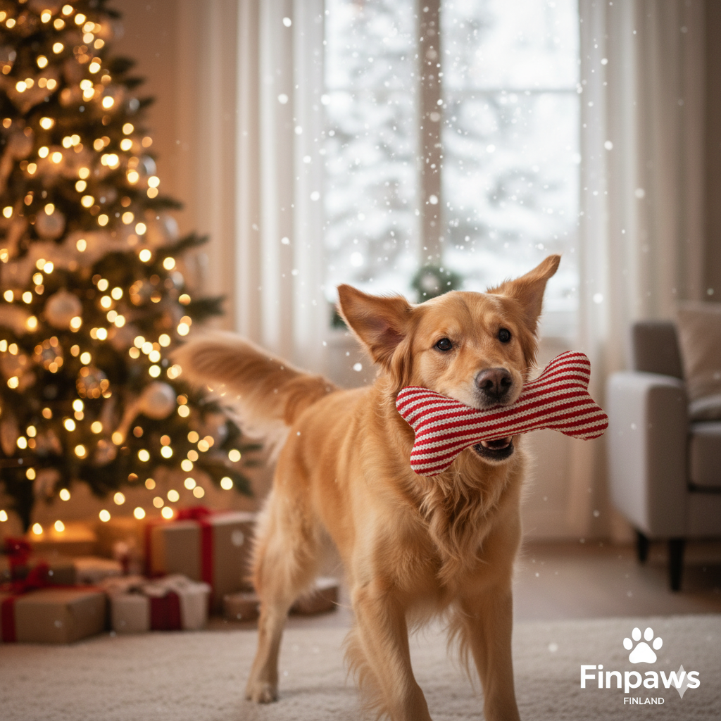 "Golden retriever dog with christmas dog toy bone. FinPaws Päivittäiset Lemmikkitarvikkeet for tyylikkäät koiratarvikkeet and jouluhuppari festive fun."