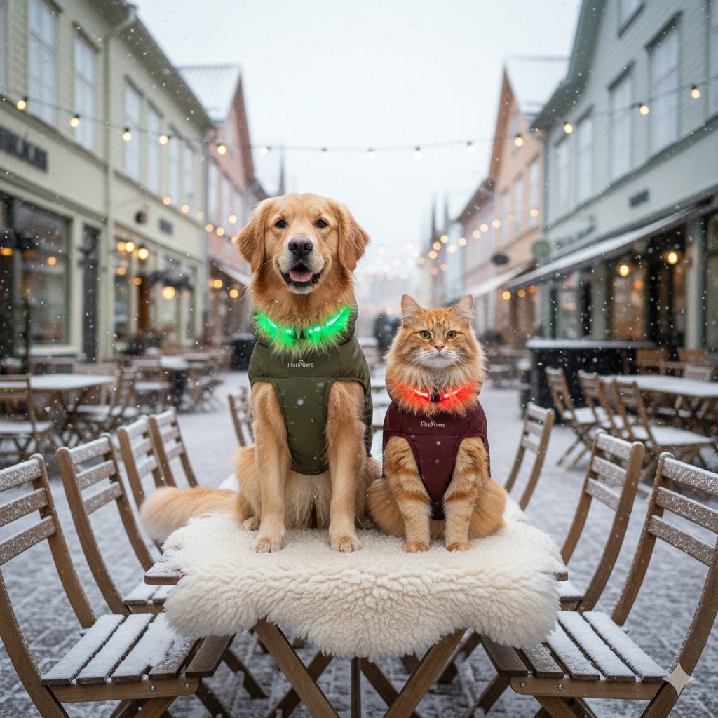 Stylish dog (koira) and cat (kissa) sitting together in a cozy Finnish outdoor scene (ulkokahvila Suomessa) wearing FinPaws warm coats (lämpimät takit) and LED collars – Nordic pet fashion (nordic lemmikkimuoti)