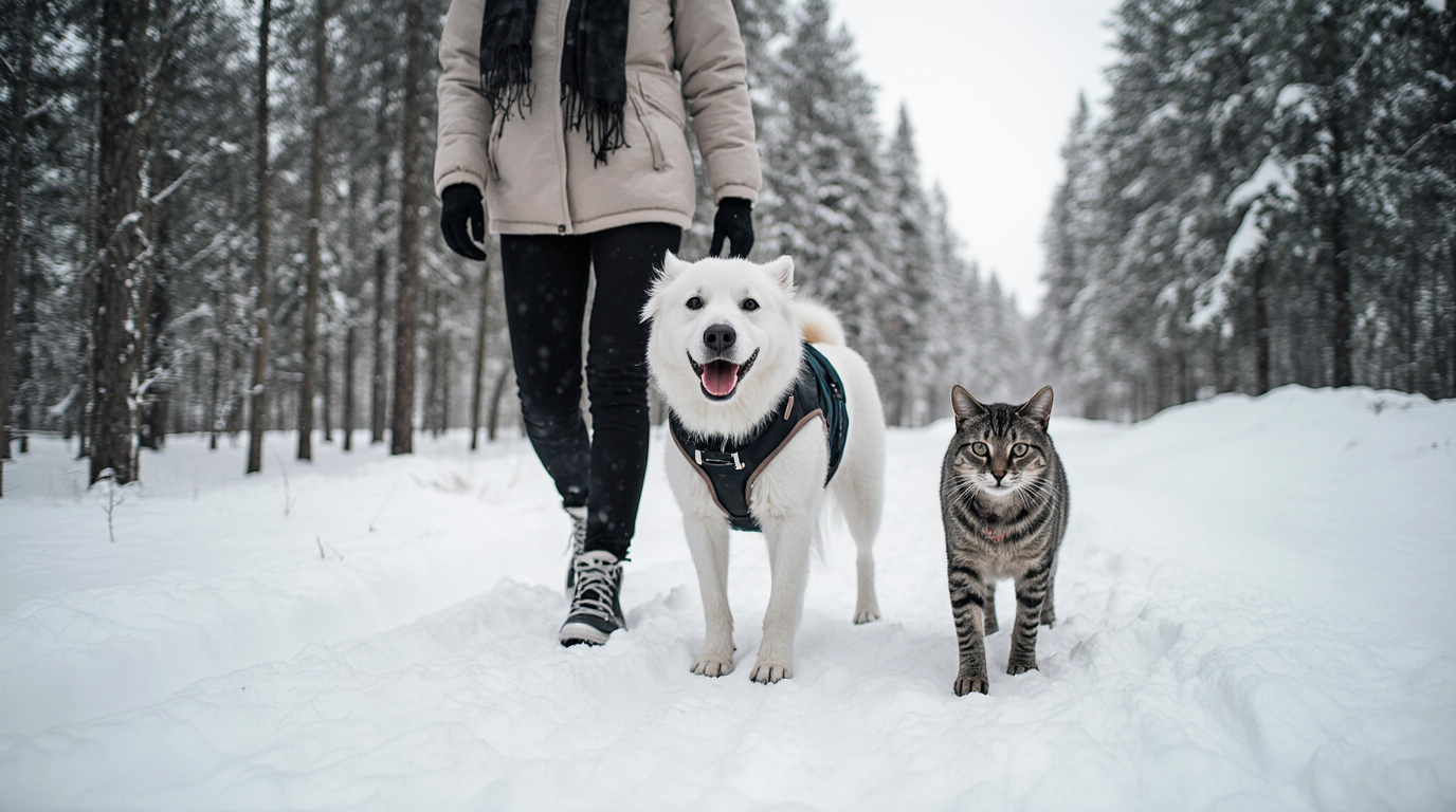 Tyylikkäät koiran tarvikkeet ja kissan tarvikkeet talvisessa kävelyssä. Valkoinen koira, jolla on mustat valjaat, ja raidallinen kissa poseeraavat lumisessa metsässä omistajan kanssa. Avainsanoja: kissan tarvikkeet, kissatarvikkeet, christmas cat toys, mybrand pet, cat toy christmas, christmas toy for dogs, dog christmas toy, jouluhuppari.
